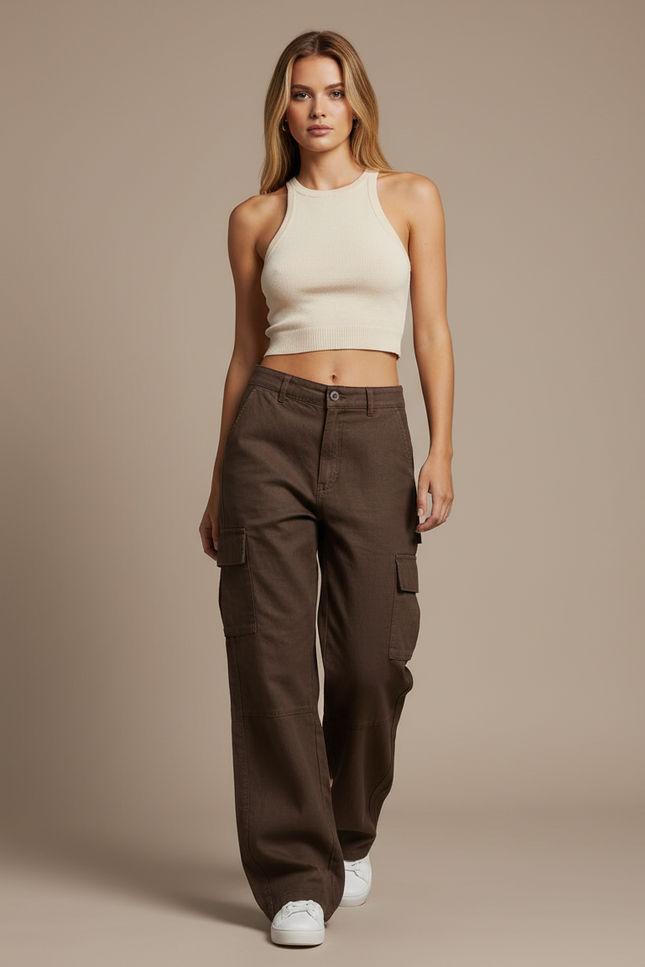 Pantalon Baggy Marron Cargo Décontracté Taille Haute - Toile