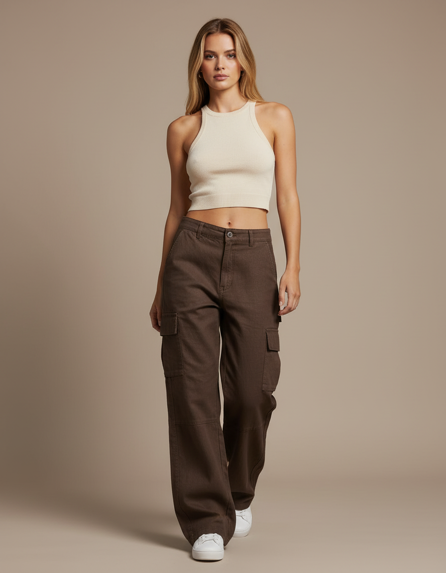 Pantalon Baggy Marron Cargo Décontracté Taille Haute - Toile