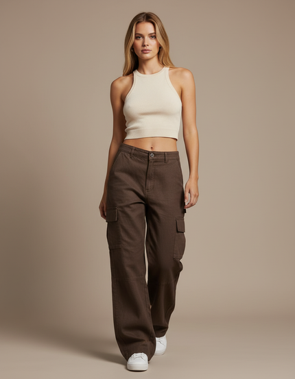Pantalon Baggy Marron Cargo Décontracté Taille Haute - Toile