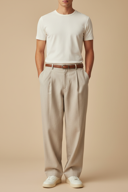 Pantalon Baggy Homme Beige Taille Haute - Gabardine