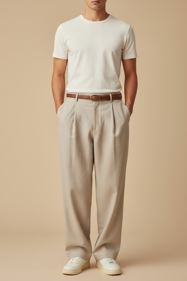 Pantalon Baggy Homme Beige Taille Haute - Gabardine