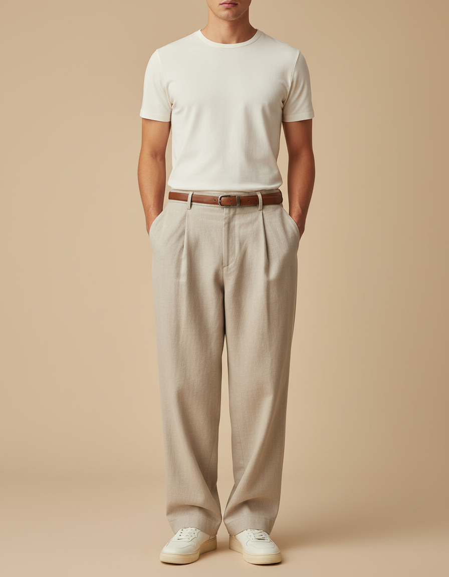 Pantalon Baggy Homme Beige Taille Haute - Gabardine