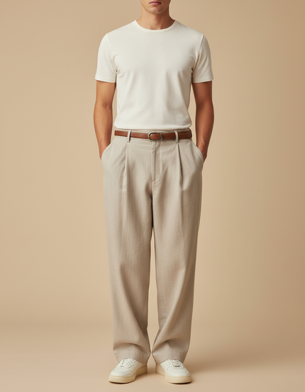 Pantalon Baggy Homme Beige Taille Haute - Gabardine
