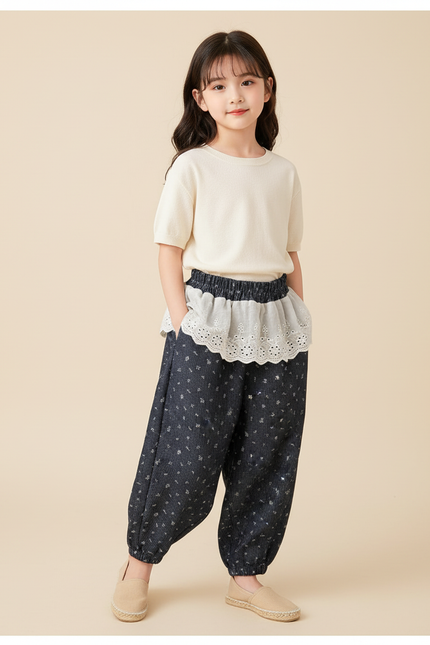 Pantalon Baggy Bleu Marine Ample Fleuri Élastique Fille - Coton