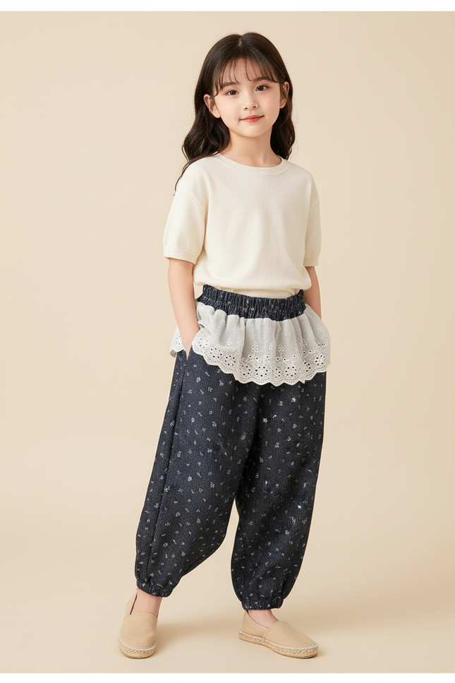 Pantalon Baggy Bleu Marine Ample Fleuri Élastique Fille - Coton
