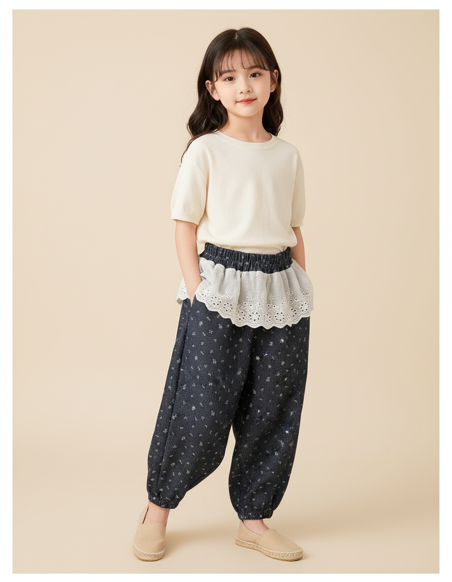 Pantalon Baggy Bleu Marine Ample Fleuri Élastique Fille - Coton