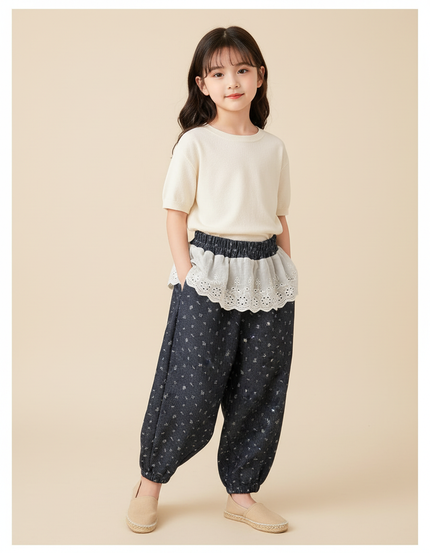 Pantalon Baggy Bleu Marine Ample Fleuri Élastique Fille - Coton