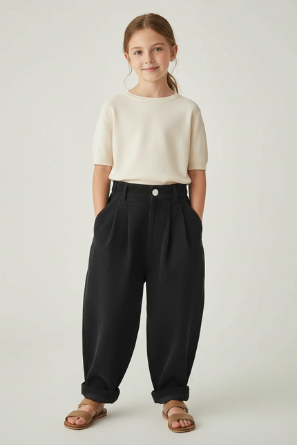 Pantalon Baggy Noir Côtelé Ample Plissé Décontracté - Cordé