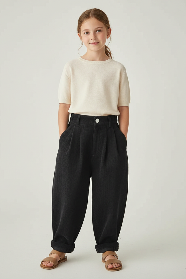 Pantalon Baggy Noir Côtelé Ample Plissé Décontracté - Cordé