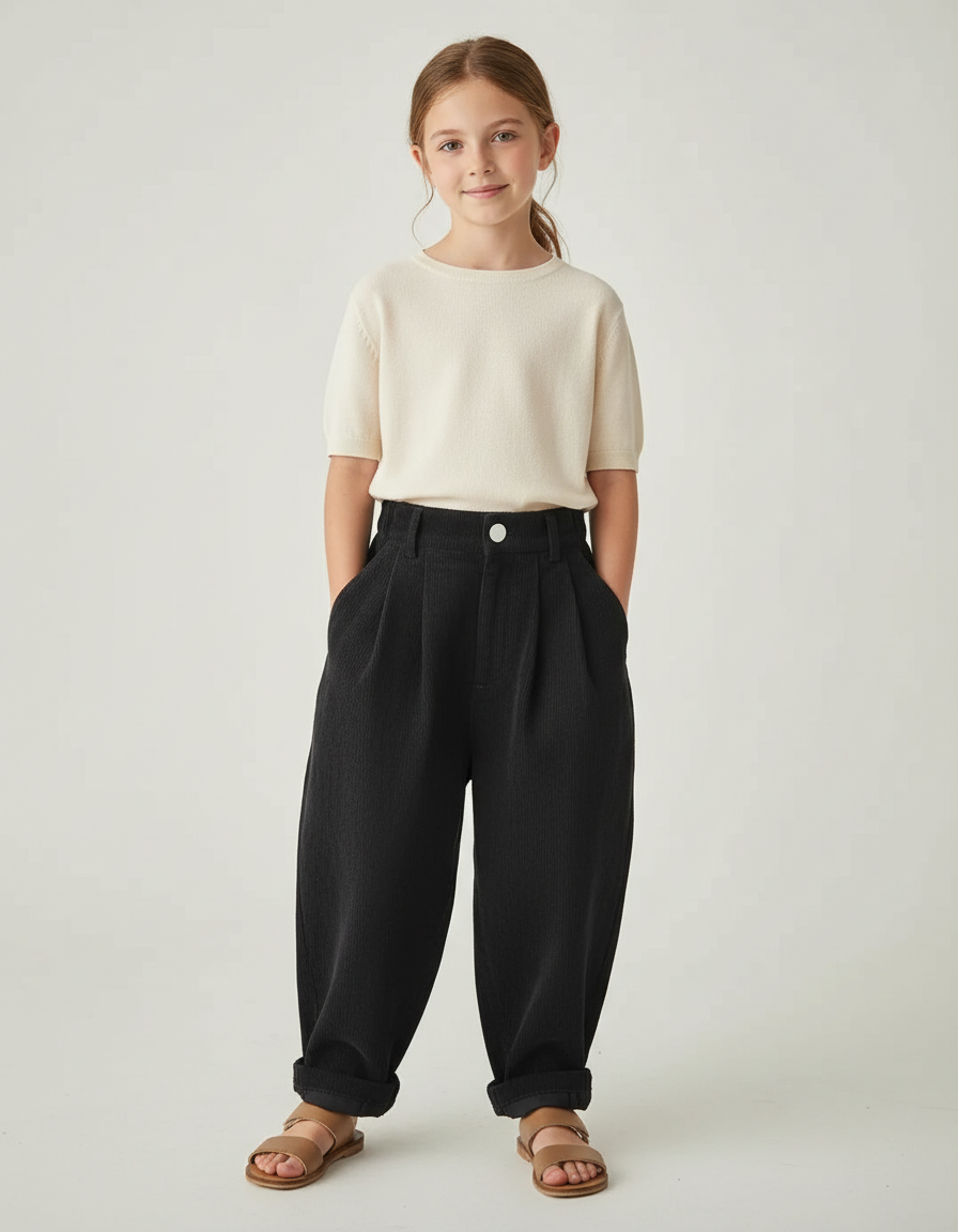 Pantalon Baggy Noir Côtelé Ample Plissé Décontracté - Cordé