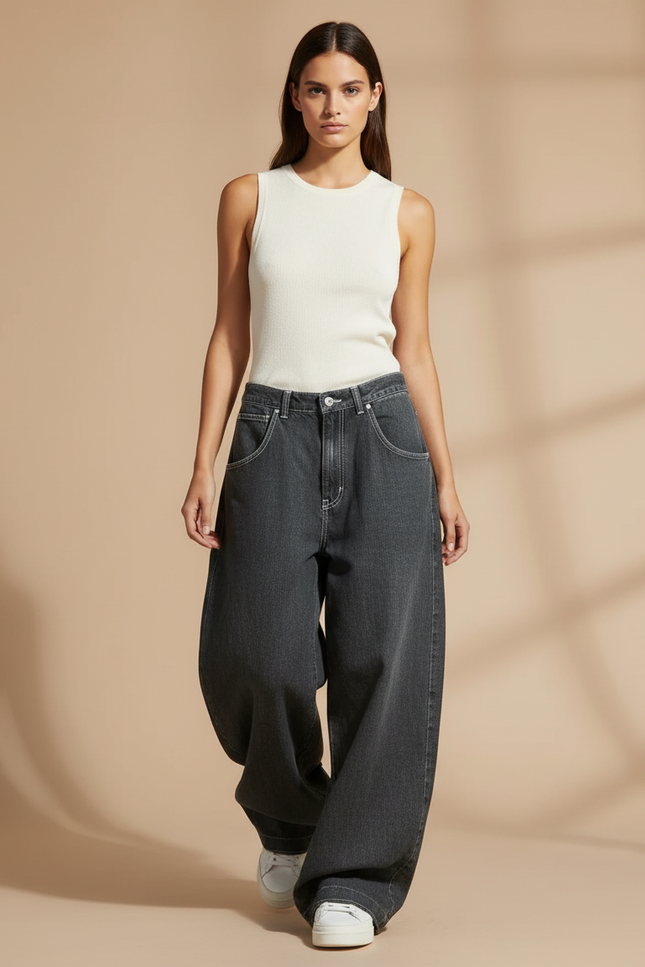 Pantalon Baggy Noir Denim Ample Décontracté Femme - Jean