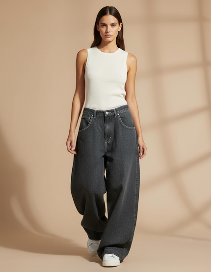 Pantalon Baggy Noir Denim Ample Décontracté Femme - Jean