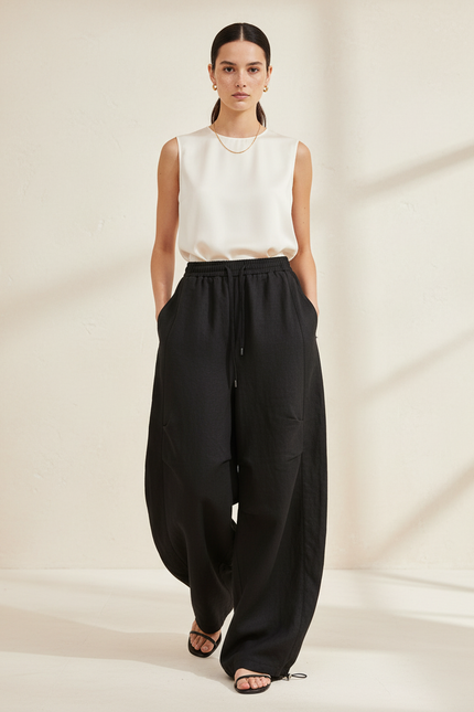 Pantalon Baggy Noir Ample Cordon Fluide Casual - Lin