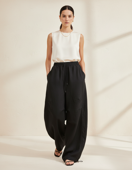 Pantalon Baggy Noir Ample Cordon Fluide Casual - Lin