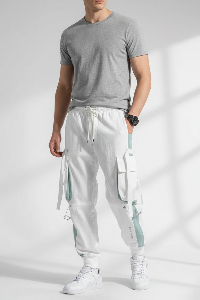 Pantalon Baggy Blanc Cargo Multi-Poches Joggers Homme - Toile