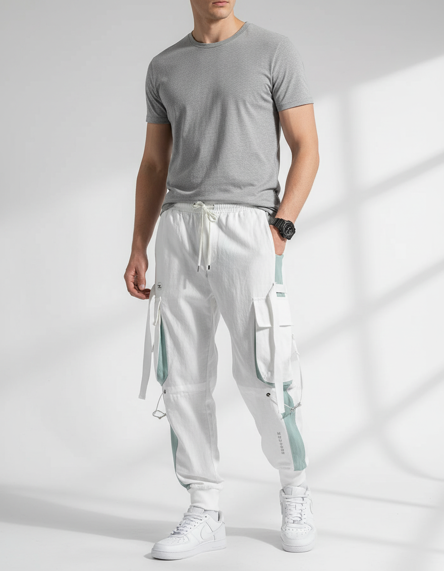 Pantalon Baggy Blanc Cargo Multi-Poches Joggers Homme - Toile