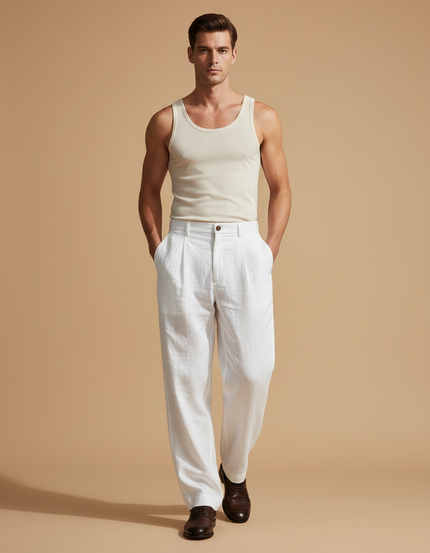 Pantalon Baggy Blanc Lin Ample Plissé Décontracté Homme