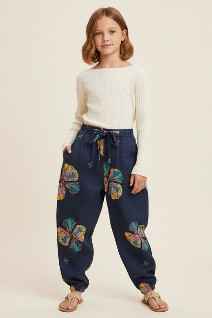 Pantalon Baggy Bleu Marine Ample Fleuri Imprimé Fille - Lin