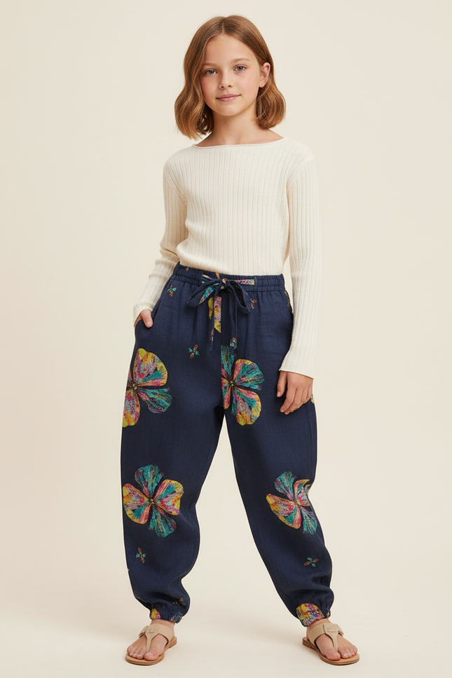 Pantalon Baggy Bleu Marine Ample Fleuri Imprimé Fille - Lin