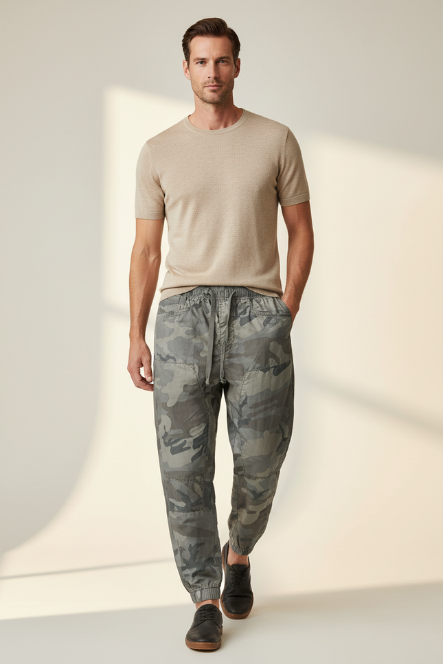Pantalon Baggy Camouflage Ample Décontracté Cordon - Kaki Toile