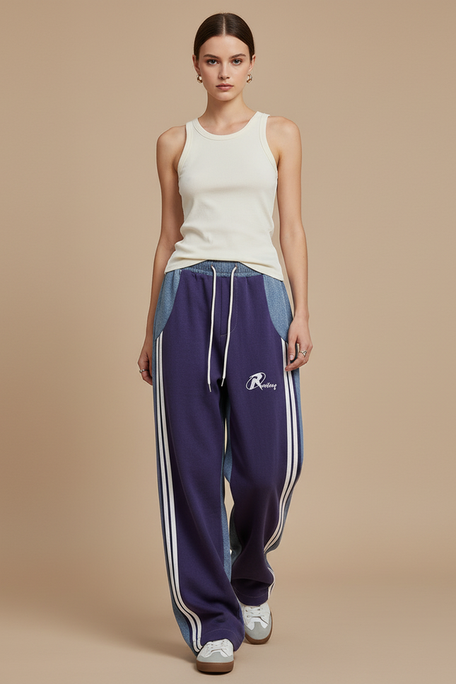 Pantalon Baggy Bleu Marine Patchwork Ample Sportif Femme - Molleton