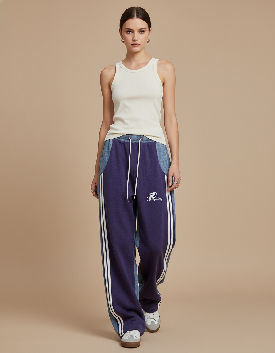 Pantalon Baggy Bleu Marine Patchwork Ample Sportif Femme - Molleton
