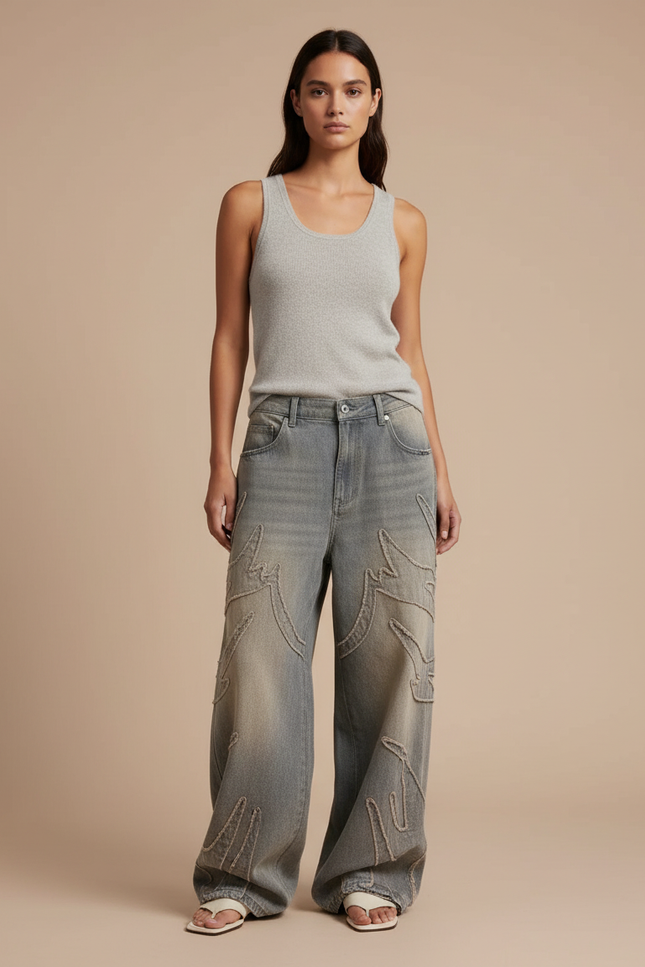 Pantalon Baggy Jean Délavé Motifs Flammes Ample - Bleu