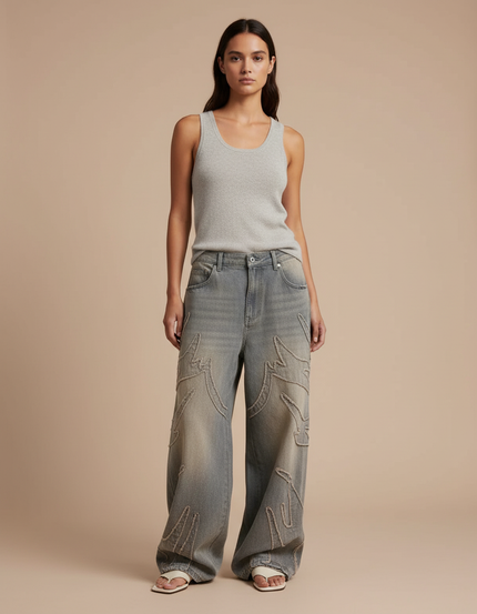Pantalon Baggy Jean Délavé Motifs Flammes Ample - Bleu