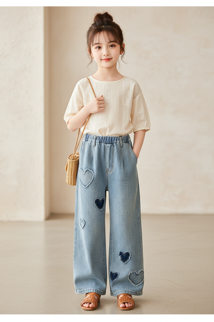 Pantalon Baggy Jean Cœurs Ample Bleu Fille