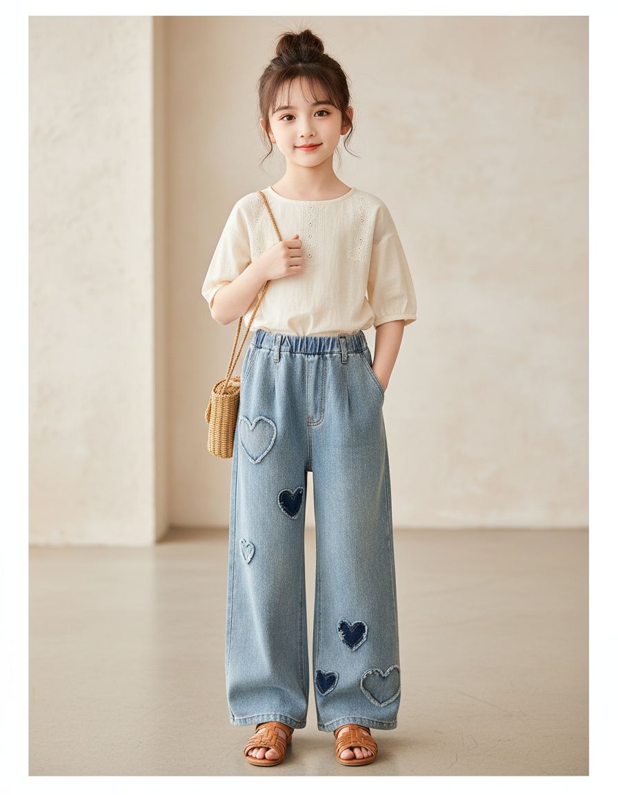 Pantalon Baggy Jean Cœurs Ample Bleu Fille
