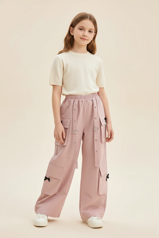 Pantalon Baggy Rose Cargo Ample Nœuds Fille - Toile