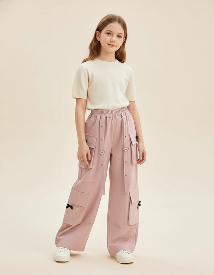 Pantalon Baggy Rose Cargo Ample Nœuds Fille - Toile