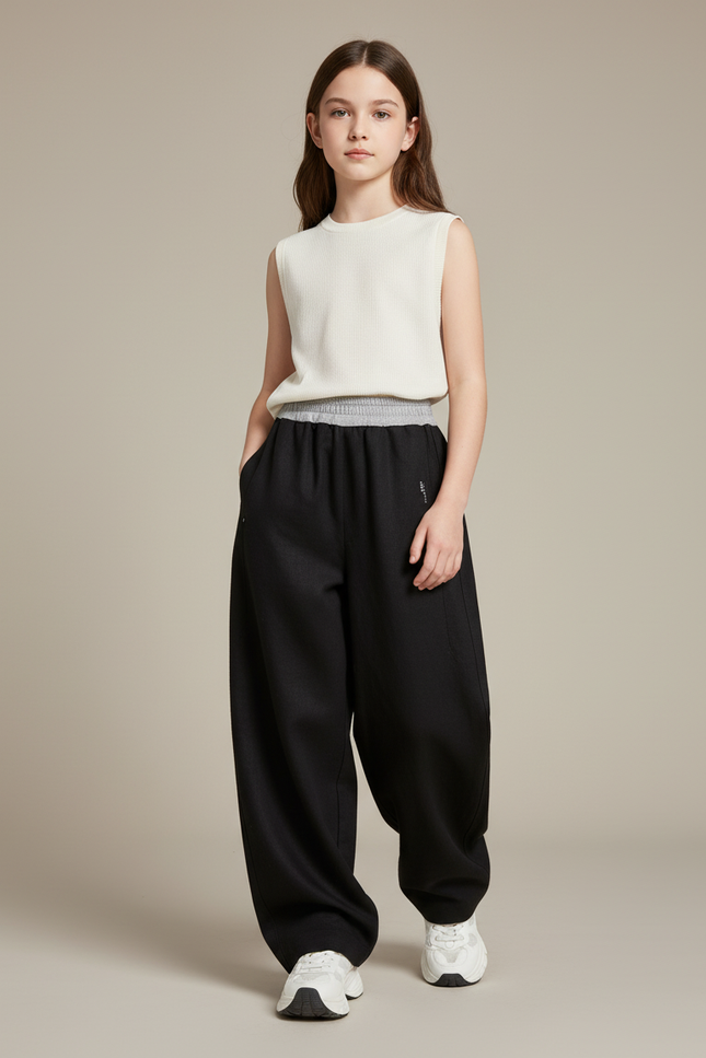 Pantalon Baggy Noir Ample Fluide Fille - Laine