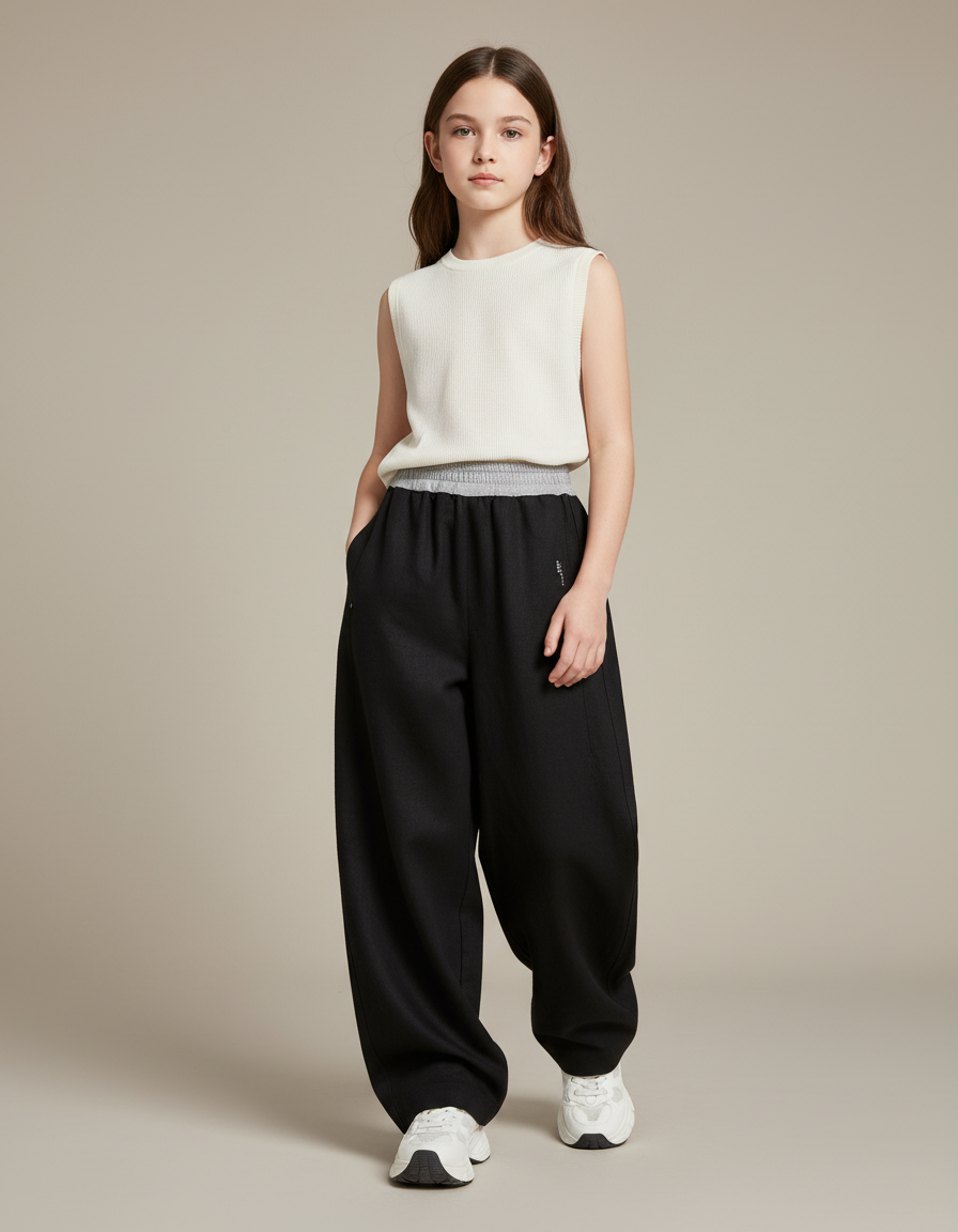 Pantalon Baggy Noir Ample Fluide Fille - Laine
