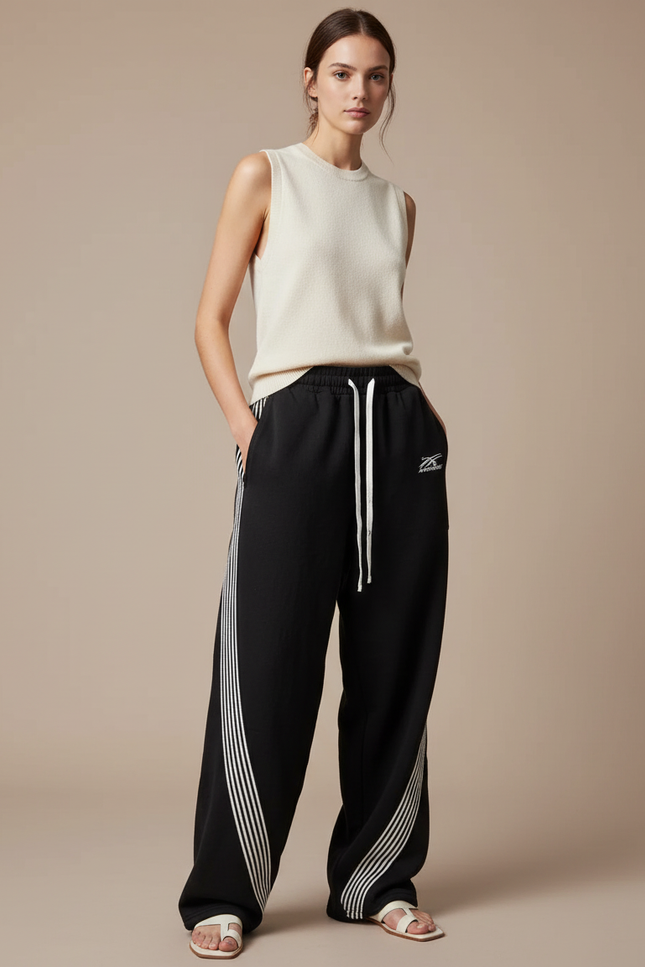 Pantalon Baggy Noir Rayé Ample Décontracté Femme - Molleton