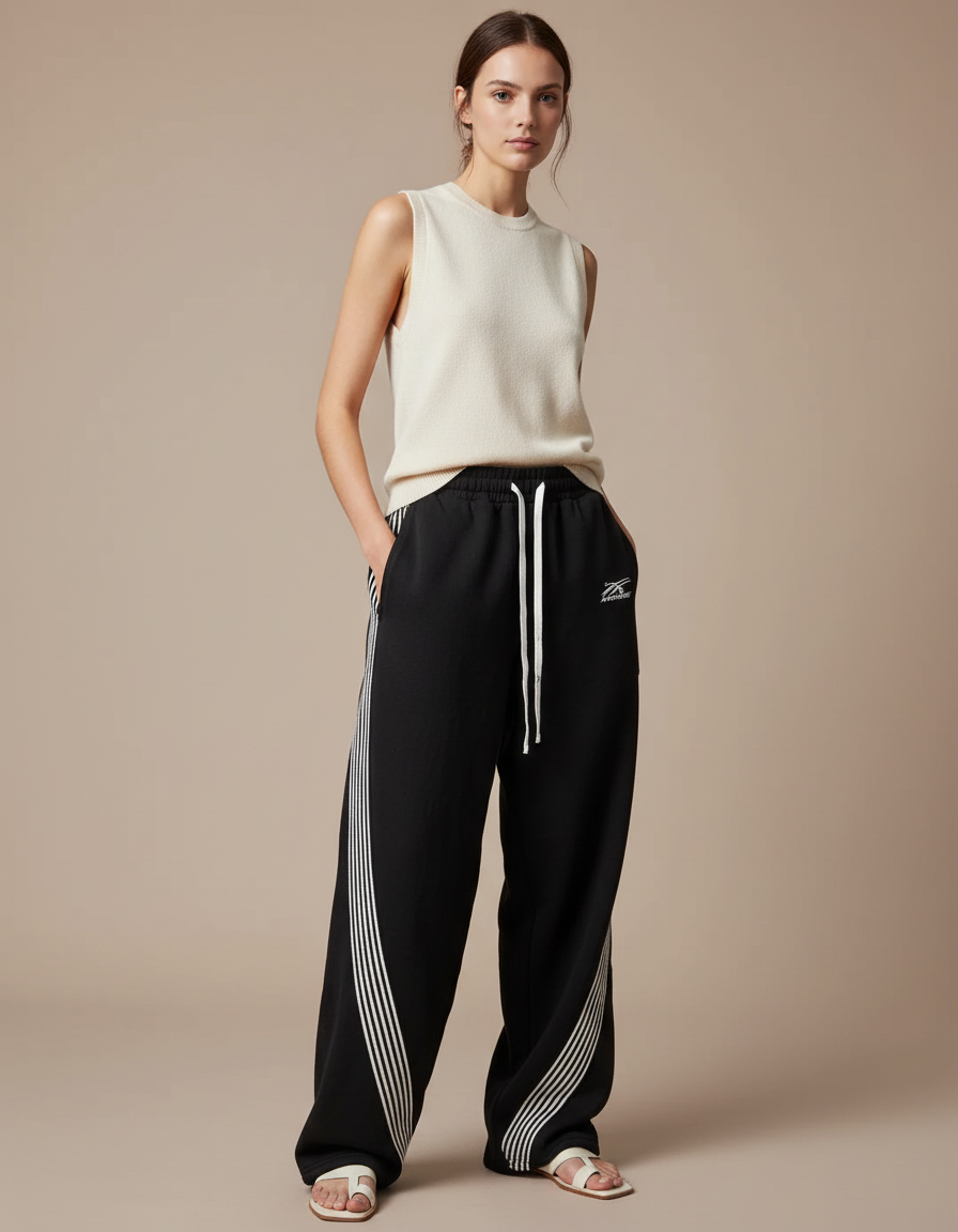 Pantalon Baggy Noir Rayé Ample Décontracté Femme - Molleton