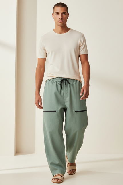 Pantalon Baggy Vert Menthe Ample Zippé Homme - Lin