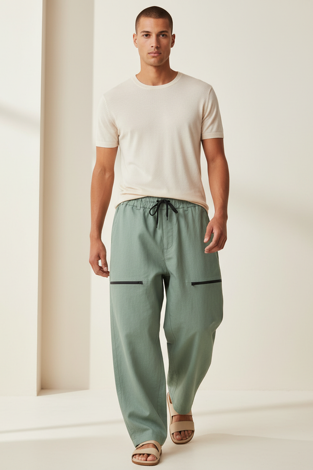 Pantalon Baggy Vert Menthe Ample Zippé Homme - Lin