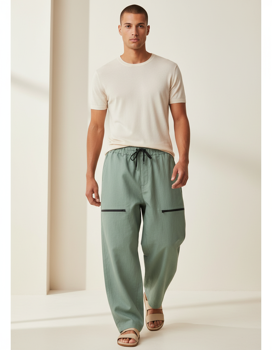 Pantalon Baggy Vert Menthe Ample Zippé Homme - Lin