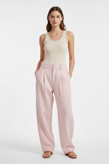 Pantalon Baggy Rose Pâle Lin Plissé Ample Décontracté