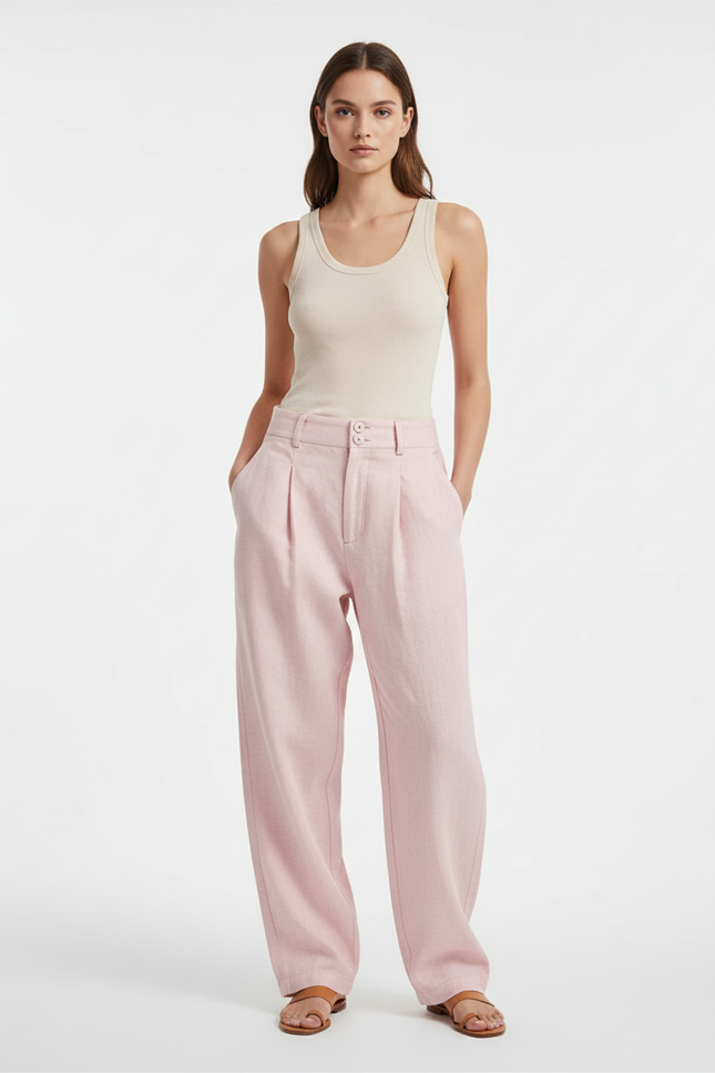 Pantalon Baggy Rose Pâle Lin Plissé Ample Décontracté