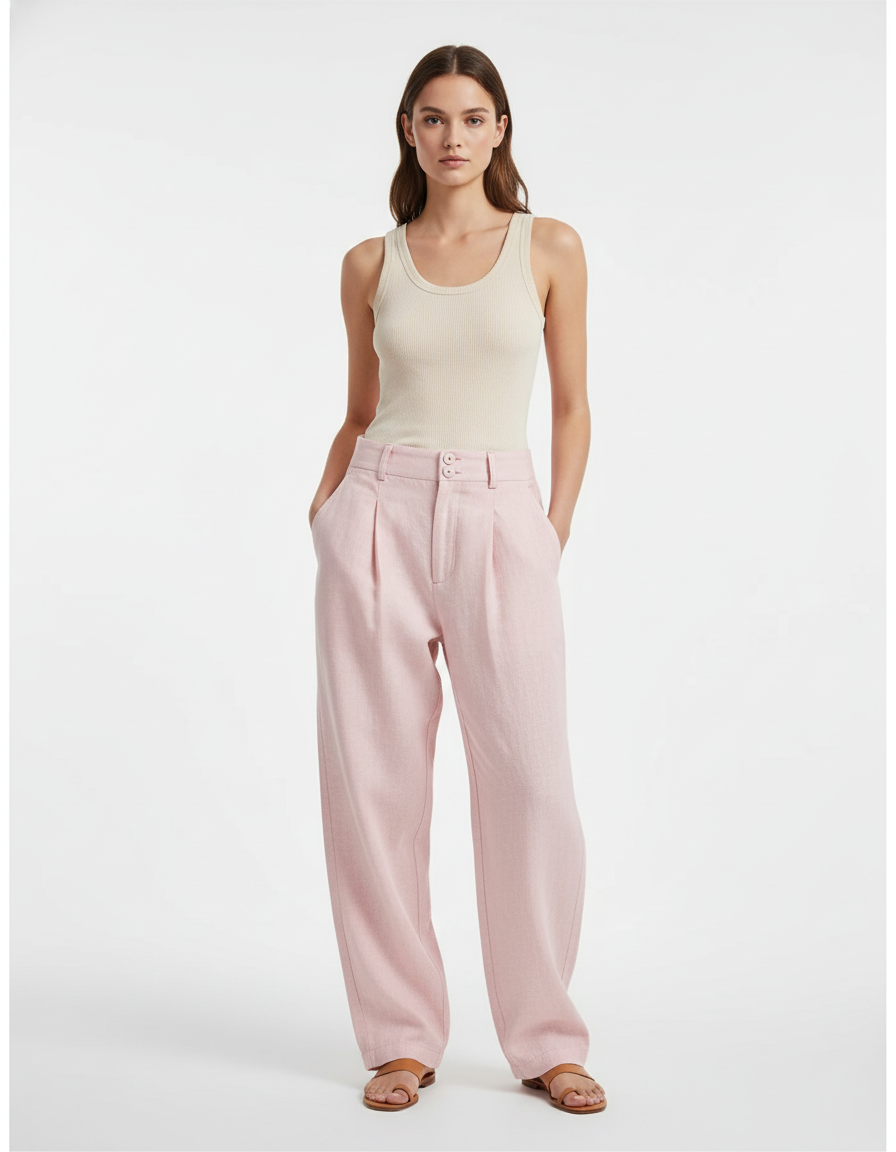 Pantalon Baggy Rose Pâle Lin Plissé Ample Décontracté