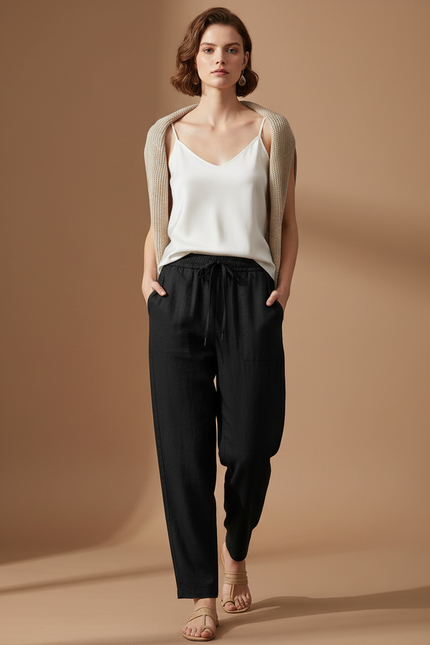 Pantalon Baggy Noir Lin Fluide Ample Femme