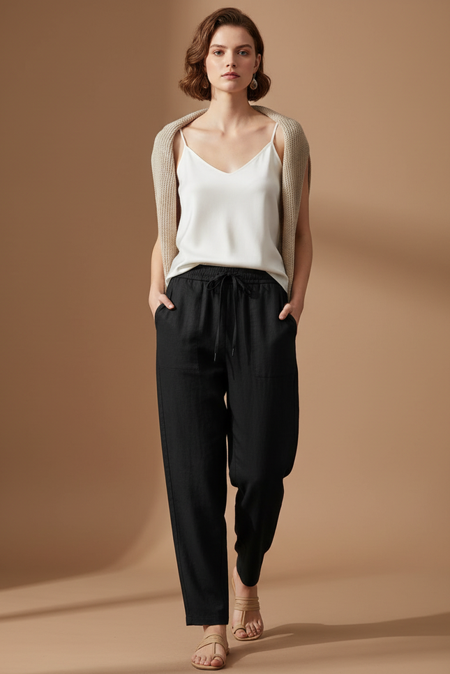 Pantalon Baggy Noir Lin Fluide Ample Femme