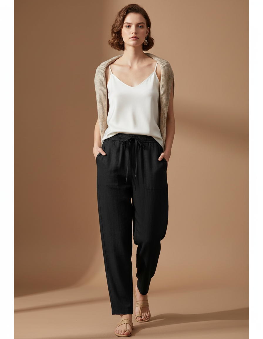 Pantalon Baggy Noir Lin Fluide Ample Femme