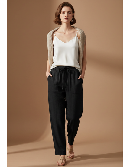 Pantalon Baggy Noir Lin Fluide Ample Femme
