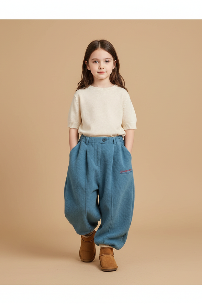 Pantalon Baggy Bleu Molletonné Hiver Ample Enfant