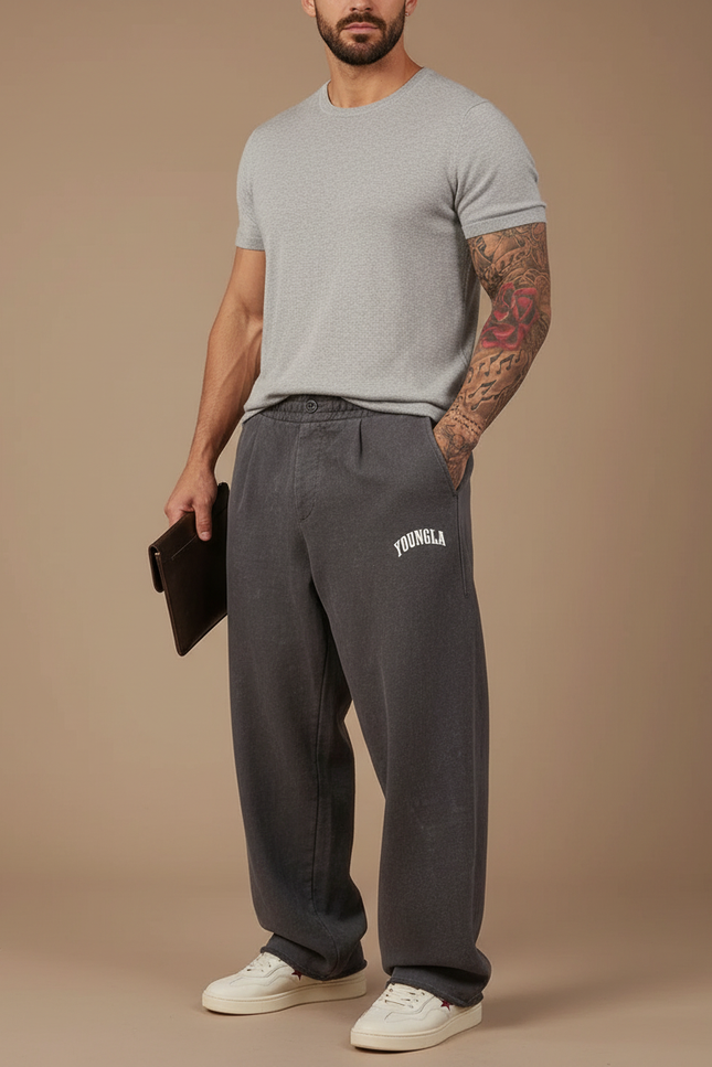 Pantalon Baggy Gris Foncé Ample Coton Imprimé Homme - Molleton