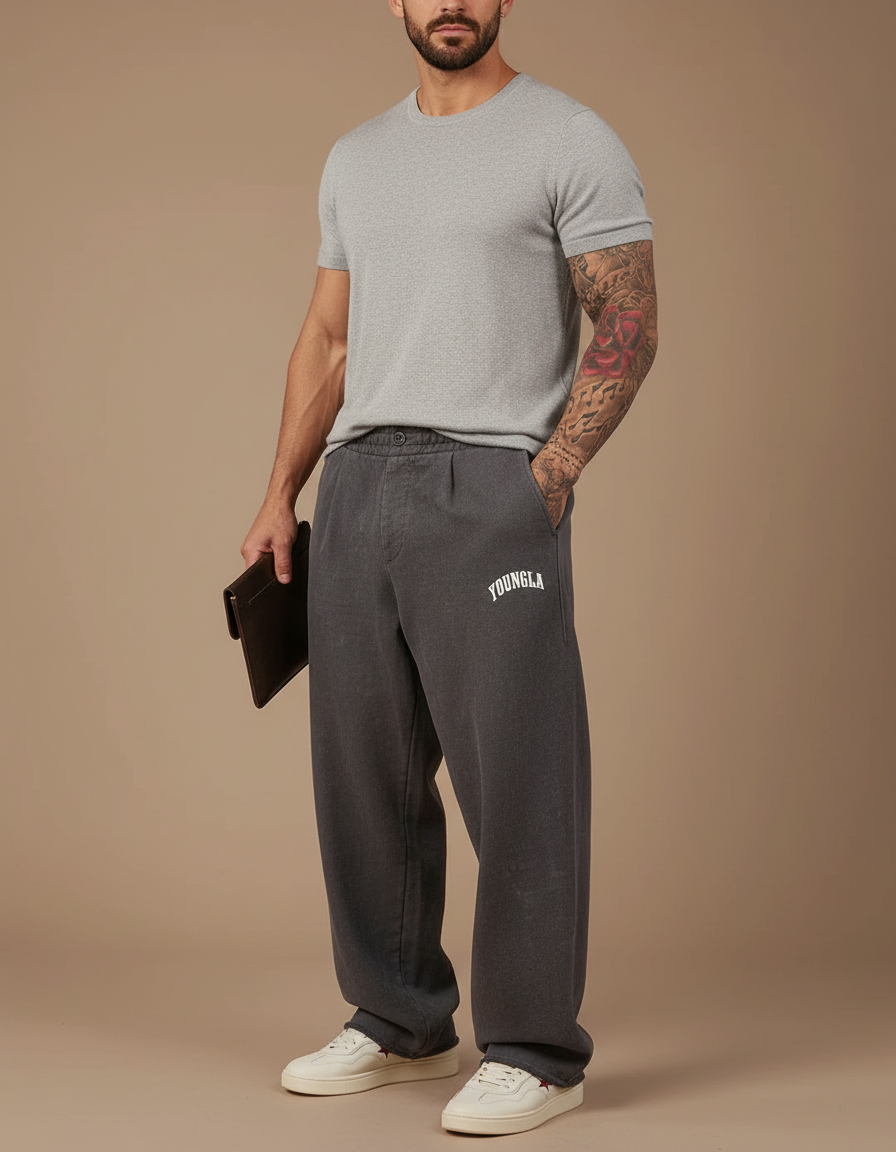 Pantalon Baggy Gris Foncé Ample Coton Imprimé Homme - Molleton