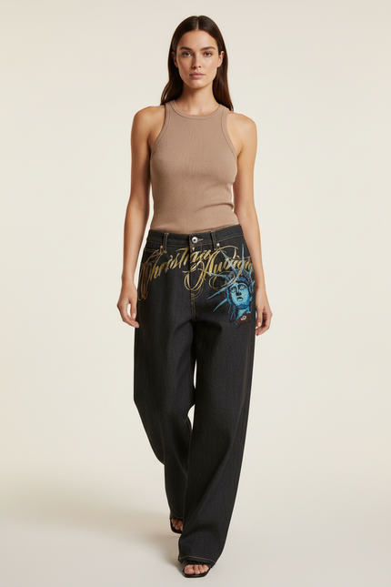 Pantalon Baggy Noir Denim Large Imprimé Statue Brodé - Jean